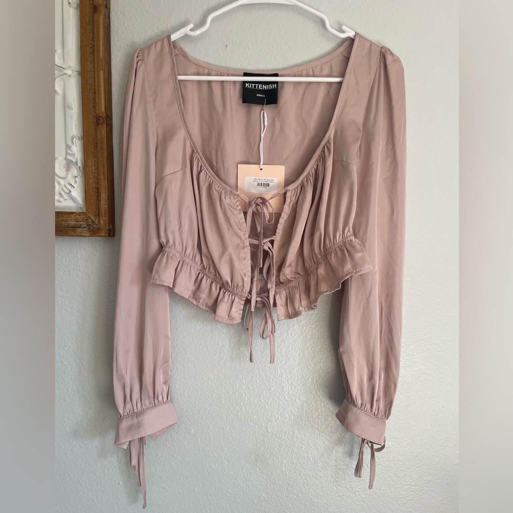Kittenish Women’s Top Sz Small Blush Date Night Top NWT Crop Tie Up Long Sleeve